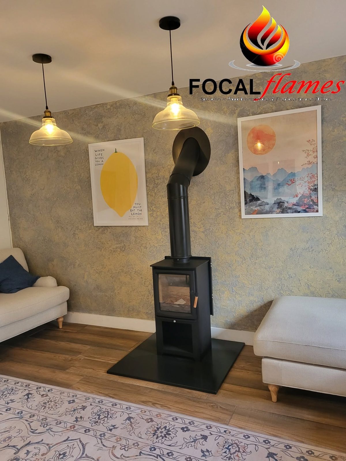 A freestanding stove with its twin wall flue rising through a living room